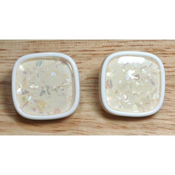 VTG AVON Pierced Retro Earrings White Lucite Confetti Squares Captured Rainbow - Picture 1 of 2